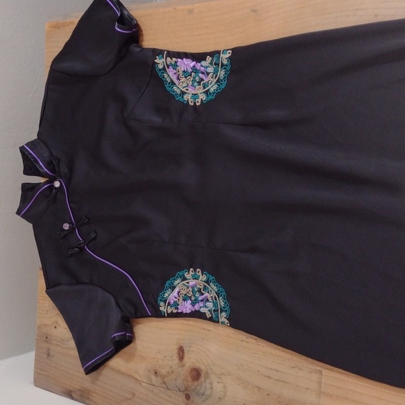 Modern Asian Black Silky Full Length Cheongsam Dress Size XL - Picture 11 of 13